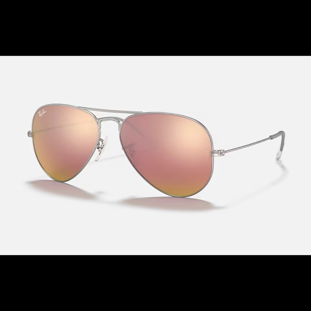 Ray ban aviator copper mirrored sunglasses with silver framing.